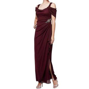 NEW Alex Evenings Long Floor Length Draped Cap Sleeve Wine Waterfall Dress Gown